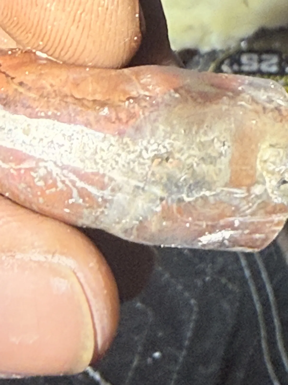 The pinhole in the old copper pipe, up close