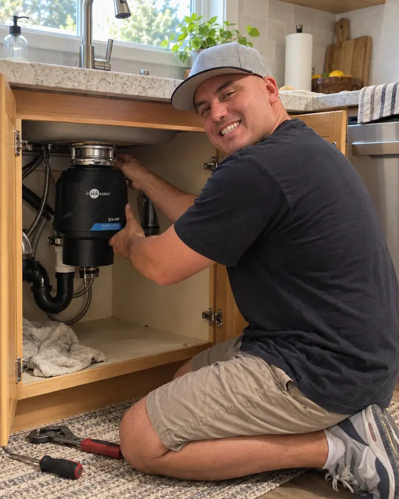 Dan kneeling at an open cabinet under a kitchen sink, fitting a new 3/4 HP InSinkErator disposal.